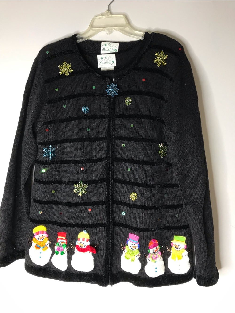 Quacker Factory Black Holiday Snowman Womens Cardigan Sweater Set Large